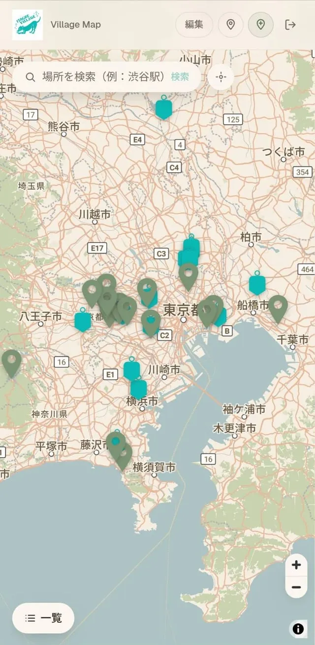 ビレッジマップで関東の村民とスポットを表示した画面